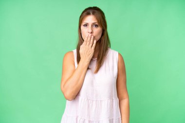 Orta yaşlı bir kadın izole edilmiş arka planda ağzı elle kapatıyor.