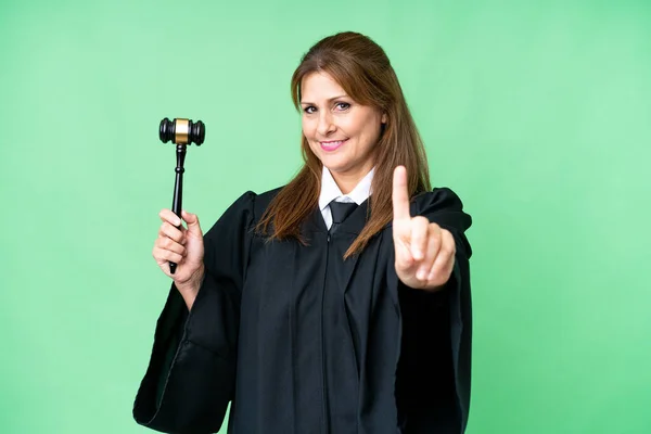 Judge Caucasian Woman Isolated Background Showing Lifting Finger — 스톡 사진