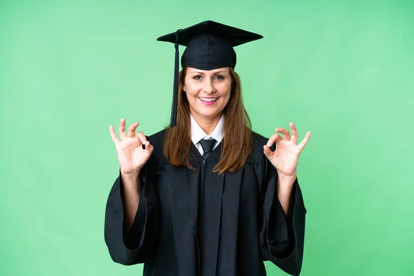 Edad Media Mujer Graduada Universitaria Sobre Fondo Aislado Mostrando Signo —  Fotos de Stock