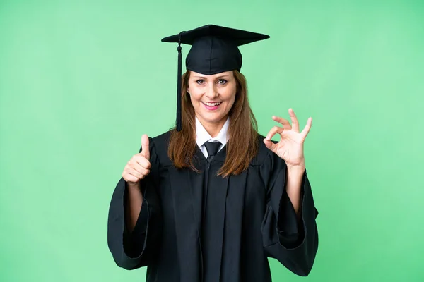 Middle Age University Graduate Woman Isolated Background Showing Sign Thumb — Stock Photo, Image