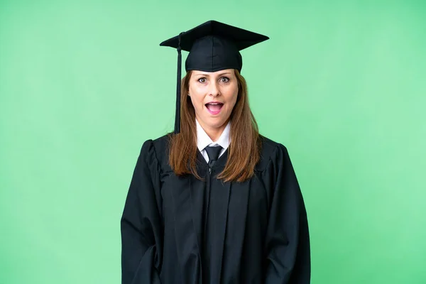 Mujer Graduada Universitaria Mediana Edad Sobre Fondo Aislado Con Expresión — Foto de Stock