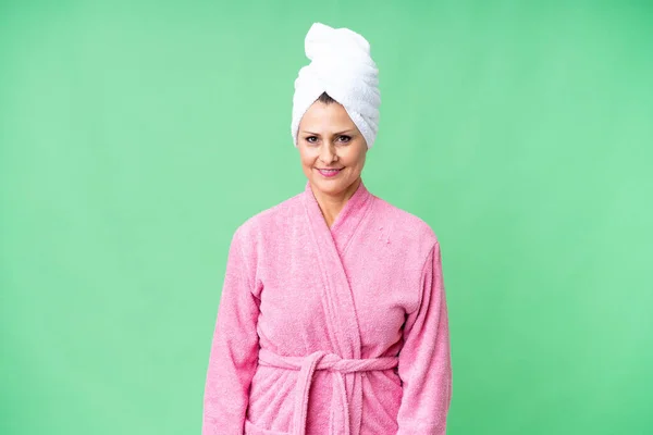 Middle Age Caucasian Woman Bathrobe Isolated Background Laughing — Stok fotoğraf