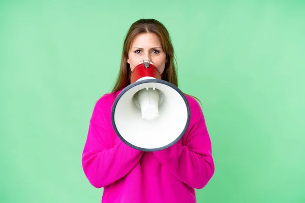 Middle Age Woman Isolated Background Shouting Megaphone Announce Something — ストック写真