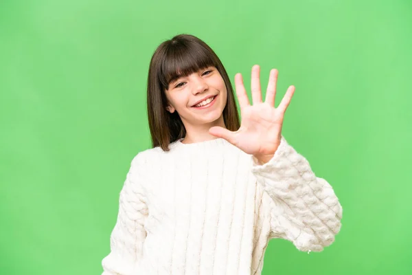 Little Caucasian Girl Isolated Background Counting Five Fingers — 스톡 사진