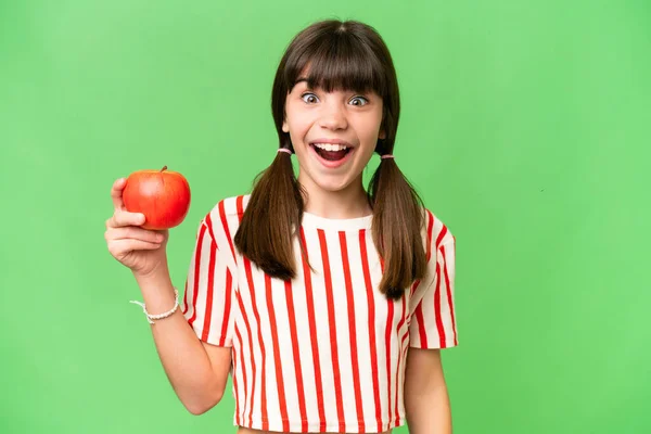 Little Caucasian Girl Holding Apple Isolated Background Surprise Shocked Facial — 스톡 사진