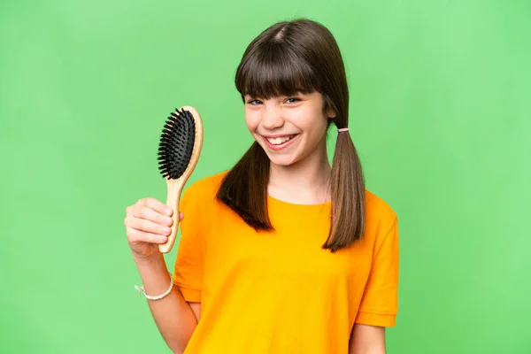 Little Caucasian Girl Hair Comb Isolated Background Smiling Lot — Stock Photo, Image