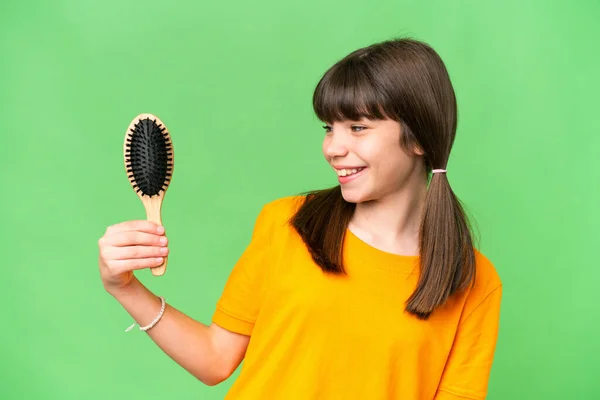 Little Caucasian Girl Hair Comb Isolated Background Happy Expression —  Fotos de Stock