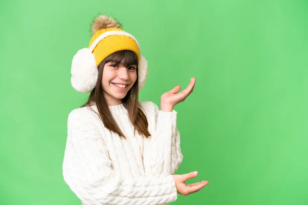 Little Caucasian Girl Wearing Winter Muffs Isolated Background Extending Hands — Stock Photo, Image