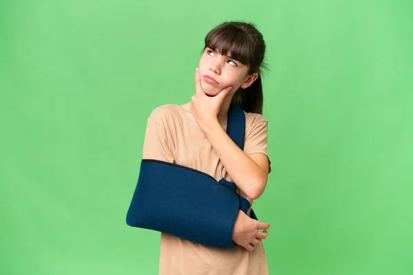 Little Caucasian Girl Broken Arm Wearing Sling Isolated Background Having — Photo