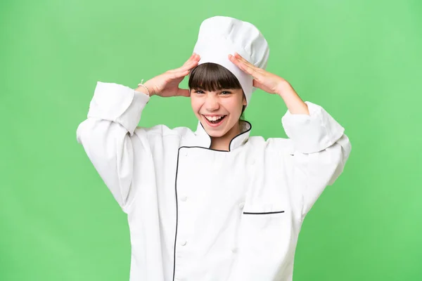 Little Caucasian Chef Girl Isolated Background Surprise Expression — Stock Photo, Image