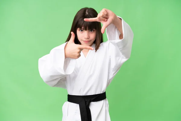 Little Caucasian Girl Doing Karate Isolated Background Focusing Face Framing — Stock Photo, Image