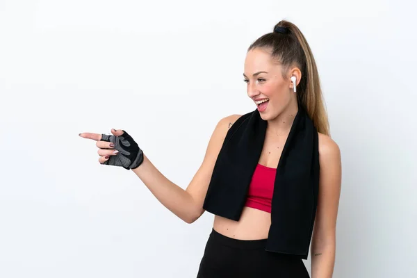 Ung Sport Kaukasiska Kvinna Isolerad Vit Bakgrund Peka Finger Sidan — Stockfoto