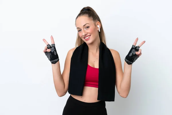 Junge Sportkaukasierin Isoliert Auf Weißem Hintergrund Die Mit Beiden Händen — Stockfoto