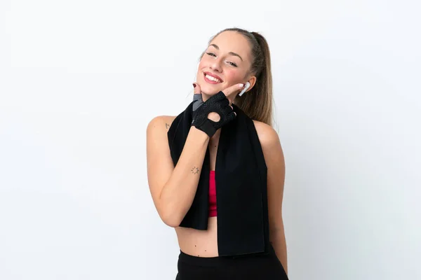 Junge Sport Kaukasische Frau Isoliert Auf Weißem Hintergrund Lächelnd — Stockfoto