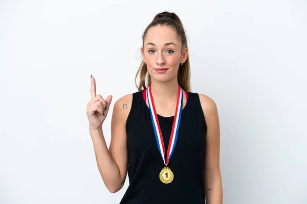 Young Caucasian Woman Medals Isolated White Background Pointing Index Finger — Stock Photo, Image