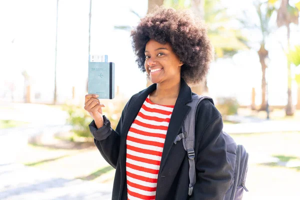African American Girl Outdoors Holding Passport Happy Expression — Stock Photo, Image