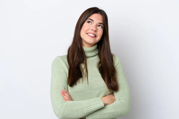 Young Brazilian Woman Isolated White Background Looking While Smiling — Stock Photo, Image