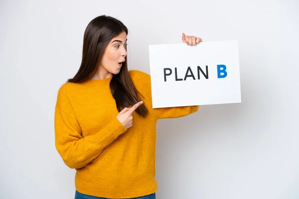 Young Brazilian Woman Isolated White Background Holding Placard Message Plan — Stock Photo, Image