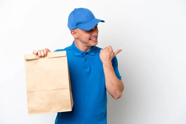 Young Brazilian Man Taking Bag Takeaway Food Isolated White Background — 스톡 사진
