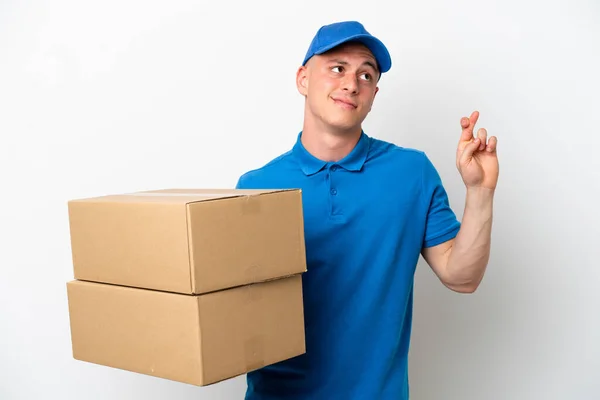 Young Delivery Brazilian Man Isolated Ops White Background Fingers Crossing — Stock Photo, Image