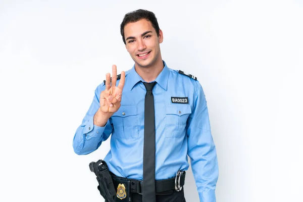 Молодой Полицейский Кавказский Мужчина Белом Фоне Счастлив Считает Троих Пальцами — стоковое фото