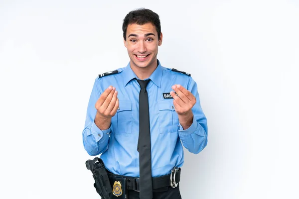 Young Police Caucasian Man Isolated White Background Making Money Gesture — Fotografia de Stock
