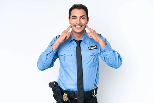 Jonge Politie Blanke Man Geïsoleerd Witte Achtergrond Glimlachend Met Een — Stockfoto