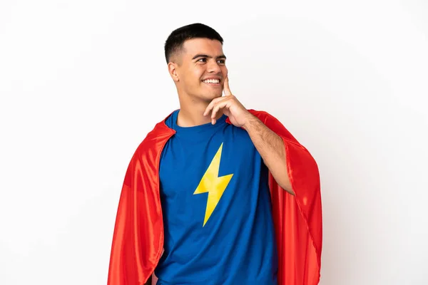 Super Hero Isolated White Background Thinking Idea While Looking — Stock Photo, Image