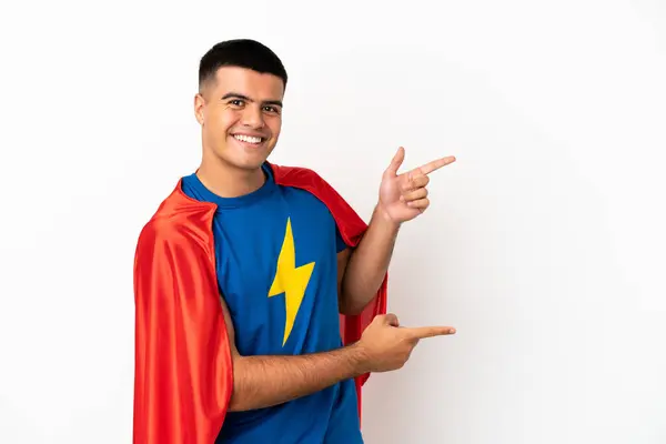Super Herói Sobre Fundo Branco Isolado Apontando Dedo Para Lado — Fotografia de Stock