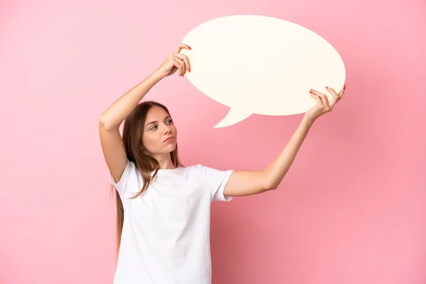Young Lithuanian Woman Isolated Pink Background Holding Empty Speech Bubble — Photo