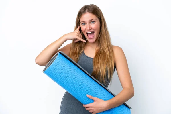 Young Sport Woman Going Yoga Classes While Holding Mat Making — Foto de Stock