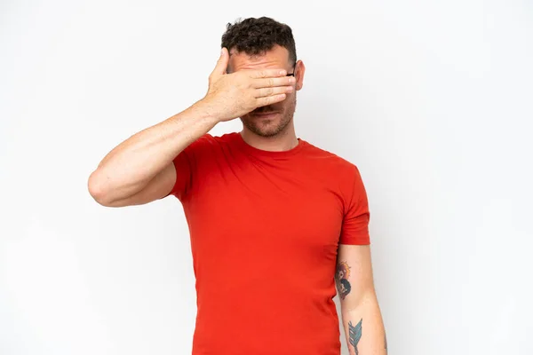 Young Caucasian Handsome Man Isolated White Background Covering Eyes Hands — Φωτογραφία Αρχείου