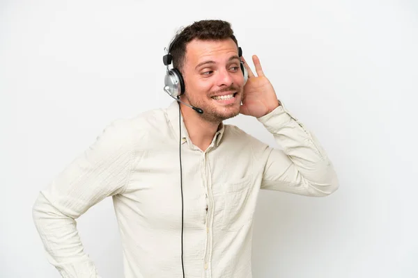 Telemarketer Caucasian Man Working Headset Isolated White Background Listening Something — Stockfoto