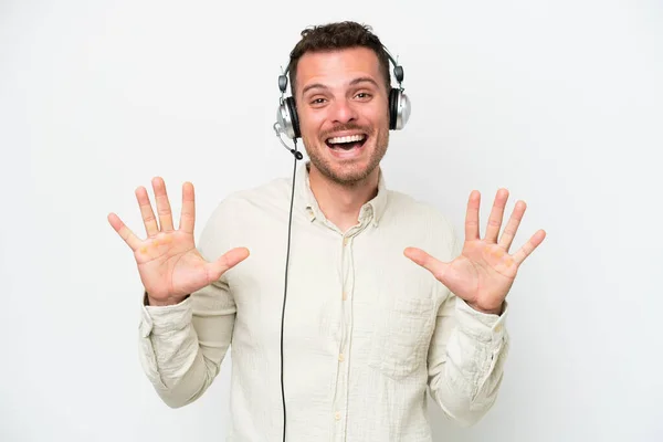 Telemarketer Caucasian Man Working Headset Isolated White Background Counting Ten — Stok fotoğraf