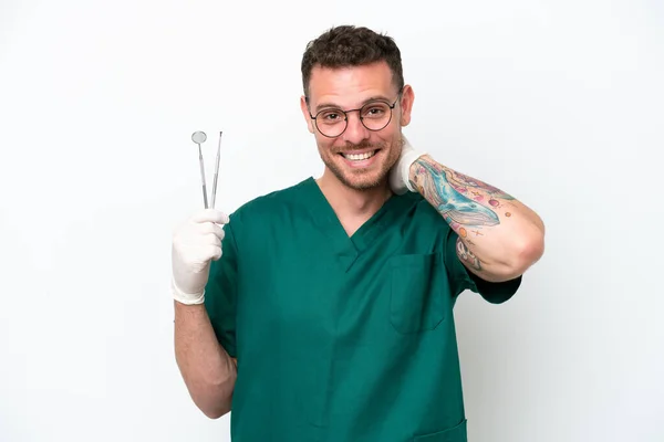 Young Caucasian Dentist Man Isolated White Background Laughing — Stockfoto