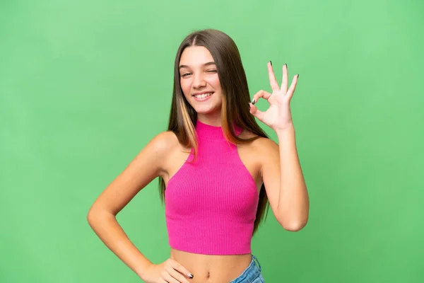 Подросток Кавказская Девушка Изолированном Фоне Показывая Знак Пальцами — стоковое фото