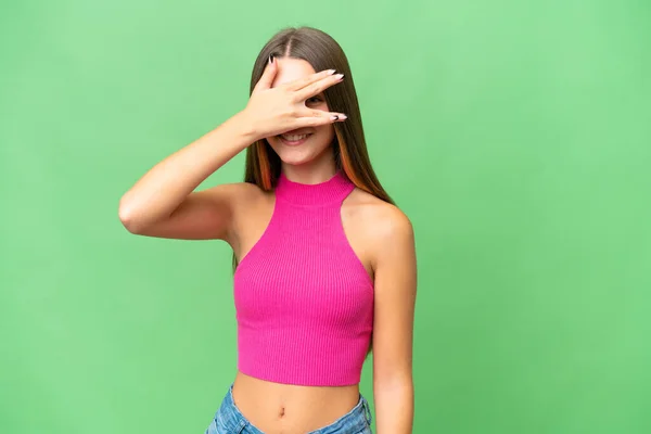 Teenager Caucasian Girl Isolated Background Covering Eyes Hands Smiling — Stock Photo, Image