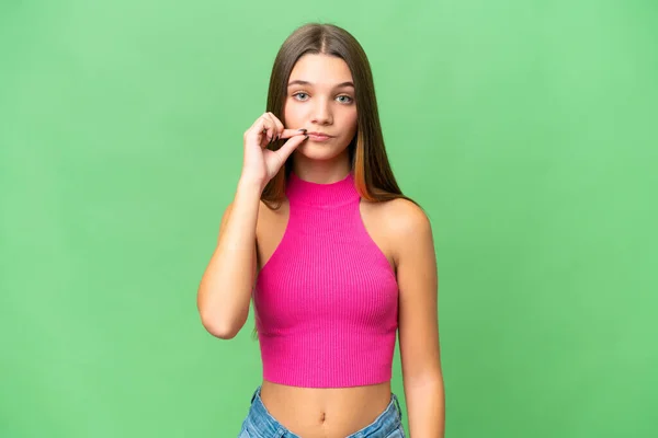 Adolescente Caucasiana Sobre Fundo Isolado Mostrando Sinal Gesto Silêncio — Fotografia de Stock