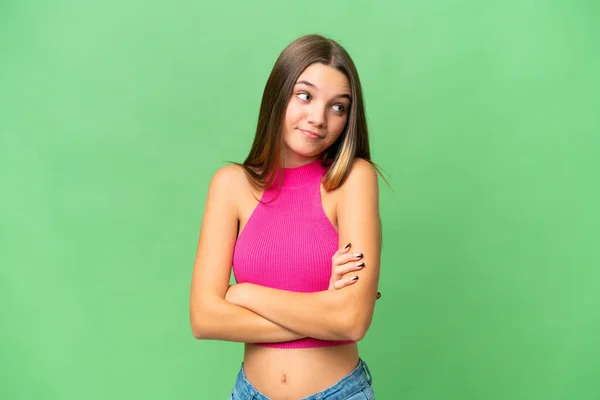 Teenager Caucasian Girl Isolated Background Making Doubts Gesture While Lifting — Stock Photo, Image