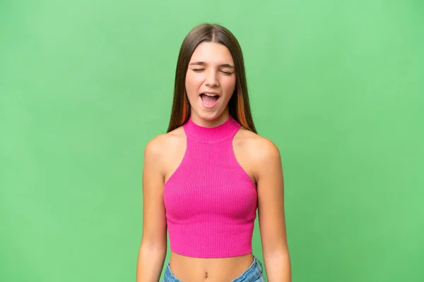 Teenager Caucasian Girl Isolated Background Shouting Front Mouth Wide Open — Stock Photo, Image