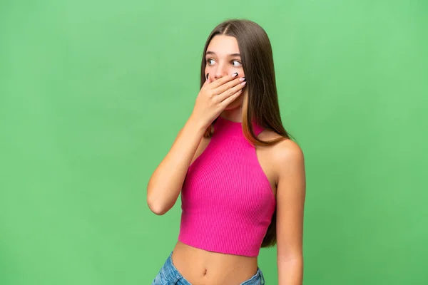 Adolescente Caucasiano Menina Sobre Fundo Isolado Fazendo Gesto Surpresa Enquanto — Fotografia de Stock