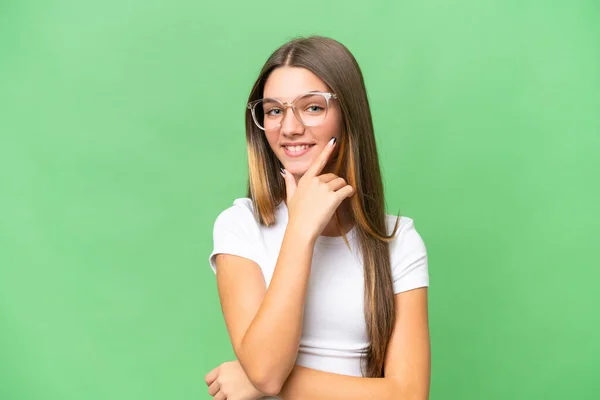 Adolescente Caucasiano Menina Sobre Isolado Fundo Feliz Sorrindo — Fotografia de Stock