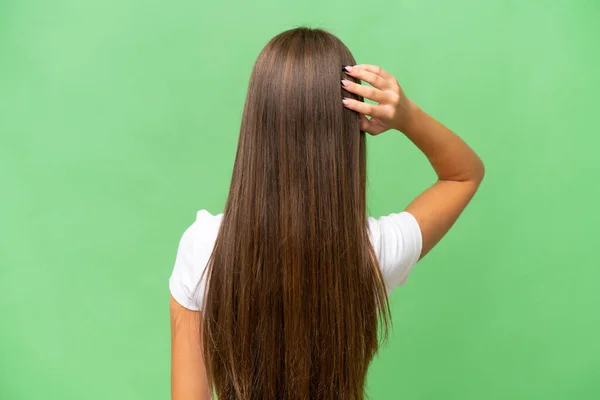 Teenager Caucasian Girl Isolated Background Back Position Thinking — Stock Photo, Image