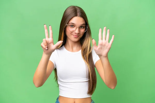 Kafkasyalı Genç Bir Kız Tecrit Edilmiş Arka Planda Sekiz Parmaklı — Stok fotoğraf