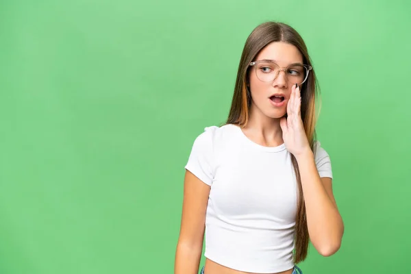 Teenager Caucasian Girl Isolated Background Whispering Something Surprise Gesture While — Stock Photo, Image