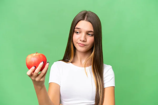 Teenager Caucasian Girl Holding Apple Isolated Background Sad Expression — Stock Photo, Image