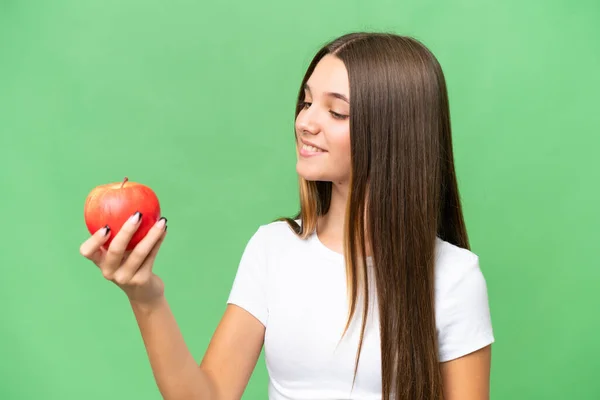 Teenager Běloška Dívka Drží Jablko Nad Izolovaným Pozadím Šťastným Výrazem — Stock fotografie
