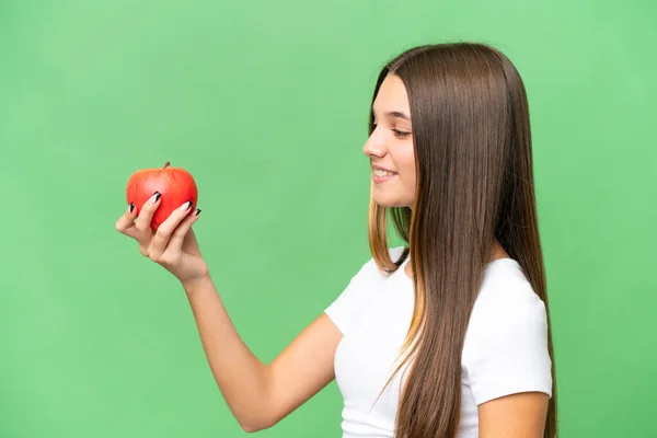 Teenager Caucasian Girl Holding Apple Isolated Background Happy Expression — Stock Photo, Image