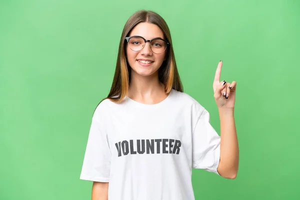 Adolescente Voluntario Caucásico Chica Sobre Aislado Fondo Apuntando Una Gran — Foto de Stock