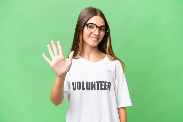 Teenager Volunteer Caucasian Girl Isolated Background Counting Five Fingers — Stock Photo, Image